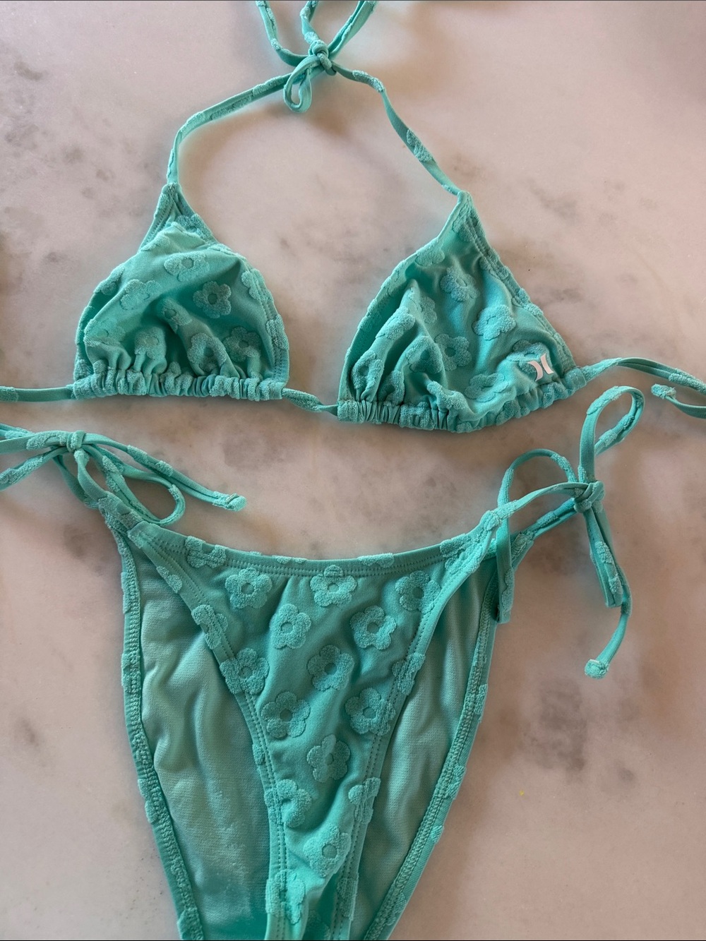 Hurley Turquoise Floral Embroidered String Bikini